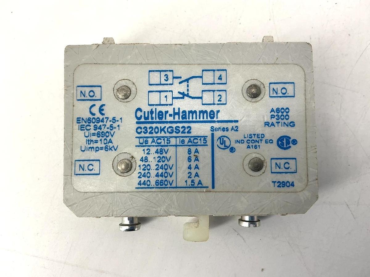 Used Cutler-Hammer C320KGS22 Ser A2 Auxiliary Contact Block 1NO/1NC 10A 600VAC