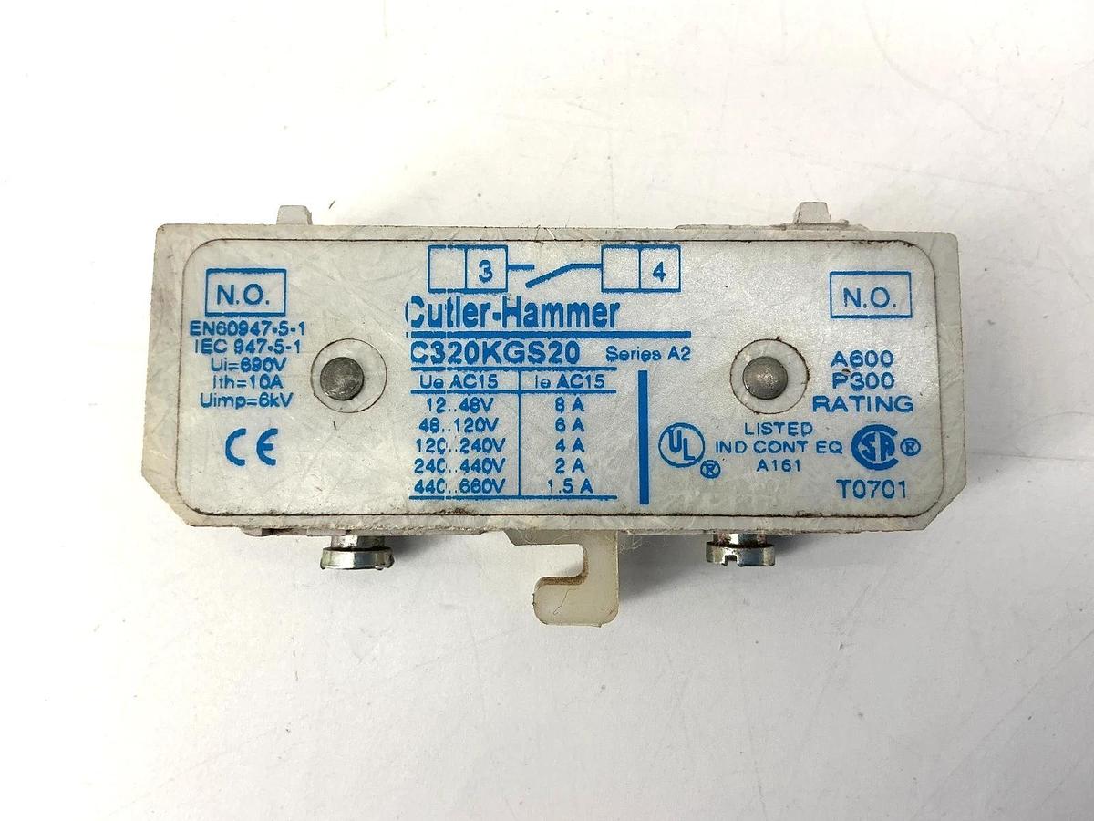 Used Cutler-Hammer C320KGS20 Ser A2 Auxiliary Contact Block 1NO 10A 600VAC