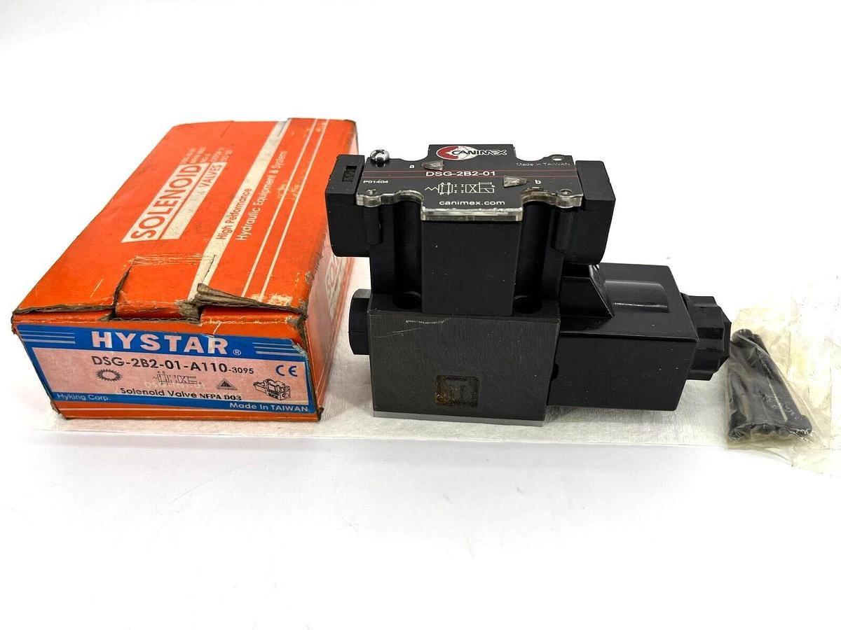 Used Hystar Canimex DSG-2B2-01-A110 Hydraulic Solenoid Valve - missing cover screws