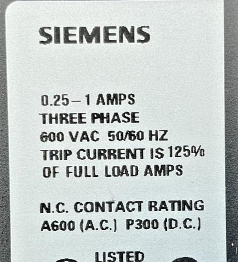 New Siemens 48ASA3M20 Ser C Overload Relay Solid State 3PH 50/60HZ 0.25-1FLA