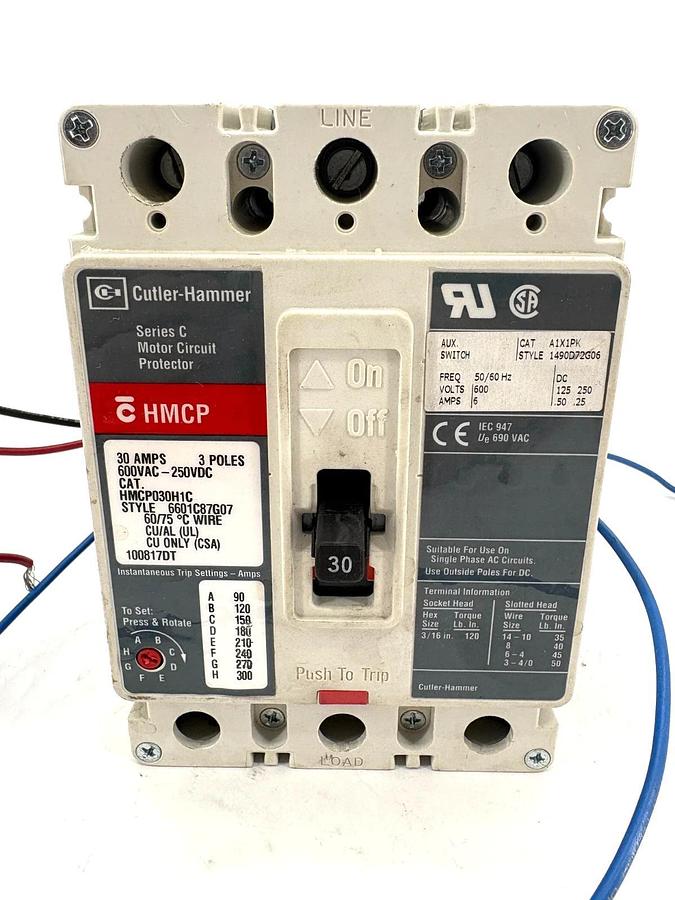 Used Cutler-Hammer HMCP030H1C 30A Circuit Breaker w/ A1X1PK Aux. Switch 3P 600VAC