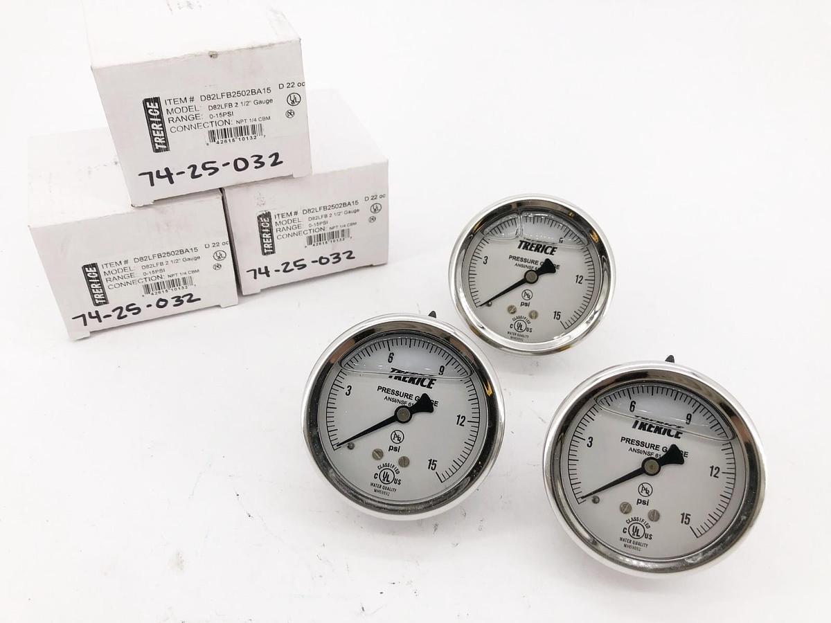 Lot of 3 New Trerice D82LFB2502BA15 Gauges D82LFB 2-1/2" 0-15psi 1/4" NPT CBM
