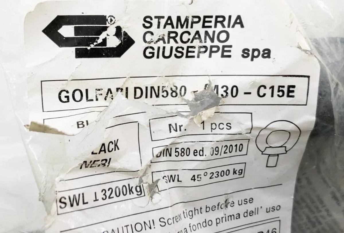 New Stamperia Carcano Giuseppe DIN580-M30-C15E Lifting Eye Bolt C15EM30 3200kg