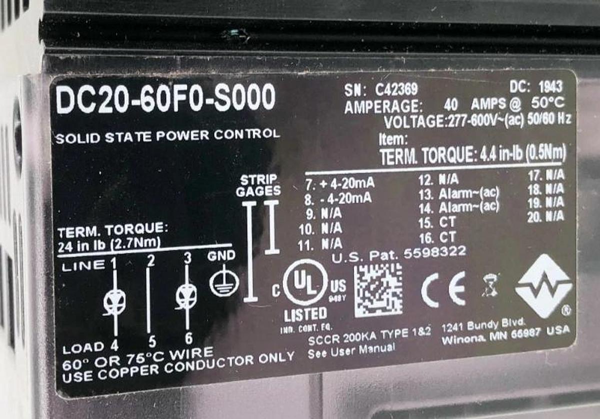 New Watlow DC20-60F0-S000 Solid State Power Control 40A 277-600VAC - No Box