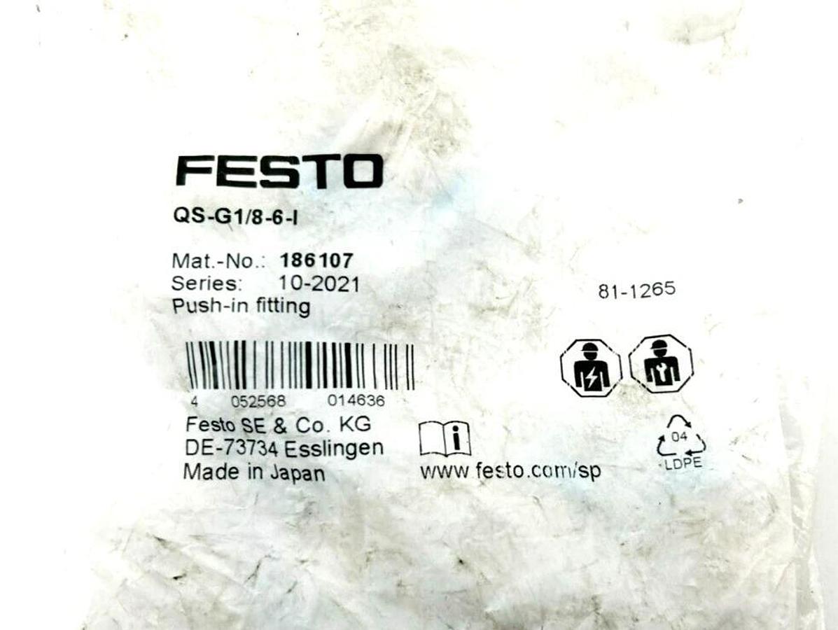 Bag of 10 New Festo QS-G1/8-6-I Pneumatic Fittings, 6mm Tube OD, 186107