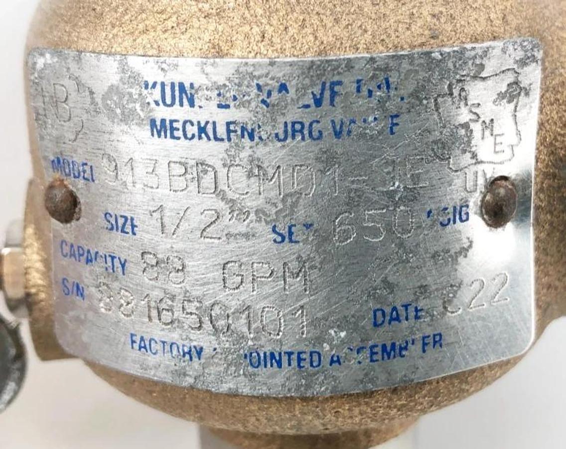 Used Kunkle 913BDCM01-JE Relief Valve 1/2" Set 650psig Capacity 88 GPM