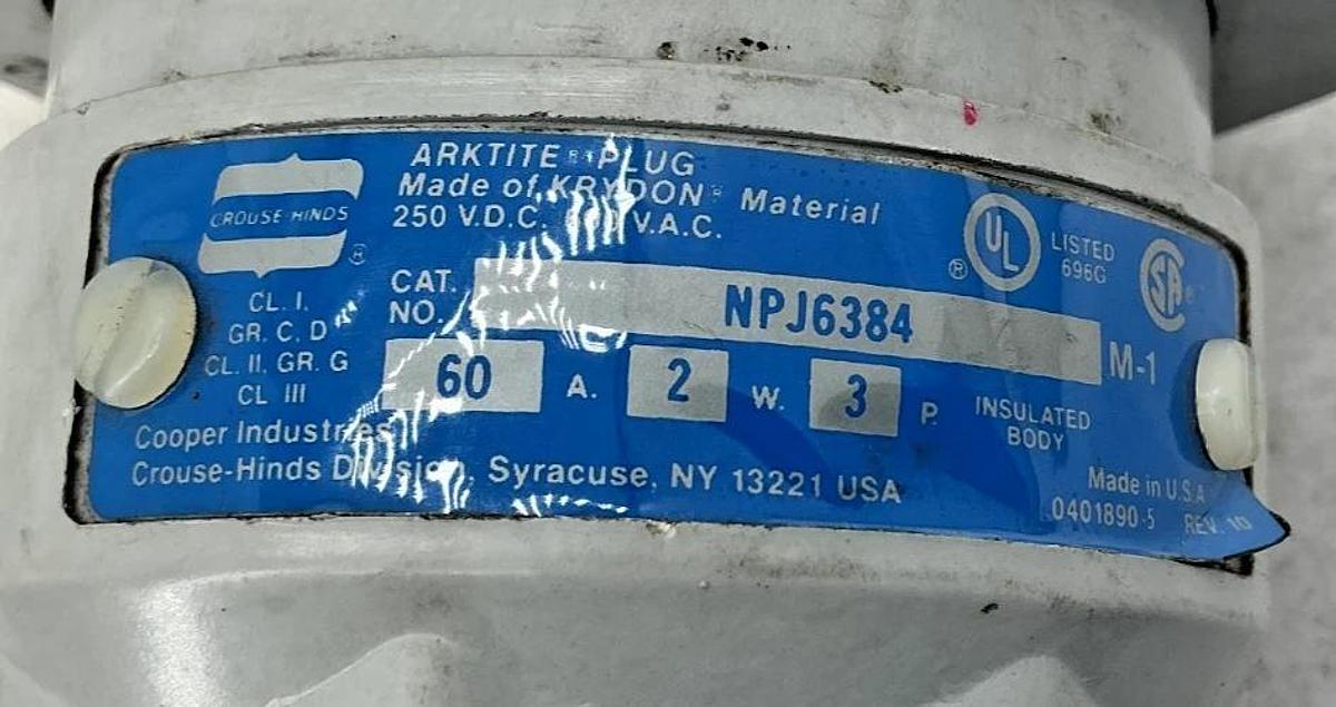Used Crouse Hinds NR632 & NPJ6384 Pin & Sleeve Plug 2W 3P 60A 250VDC 600VAC