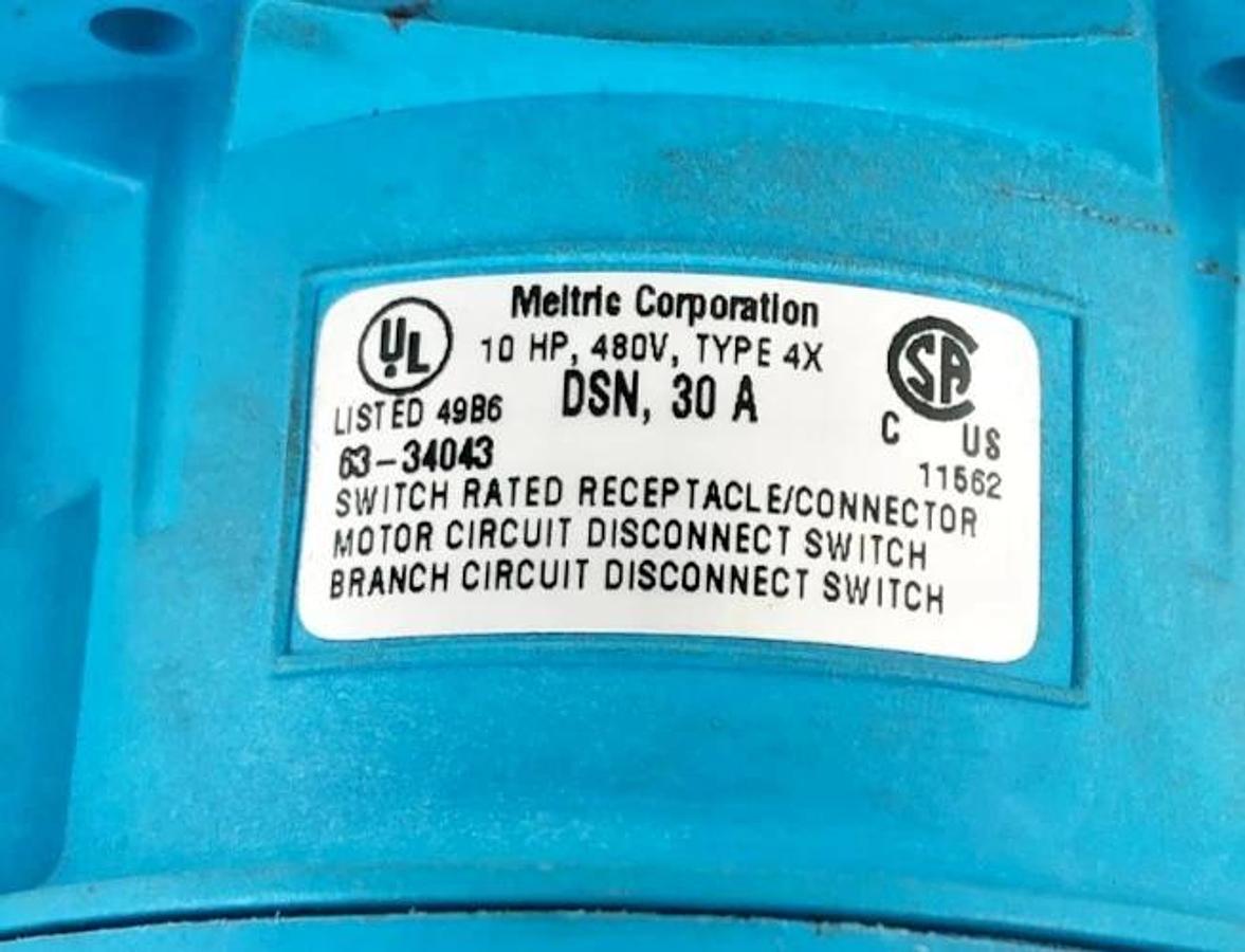 New Meltric 63-34043 Switch Rated Receptacle DSN30 480V 30A - No Box