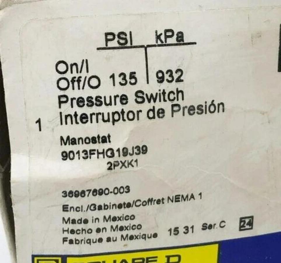 New Square D 9013FHG19J39 Pressure Switch 575V 1HP