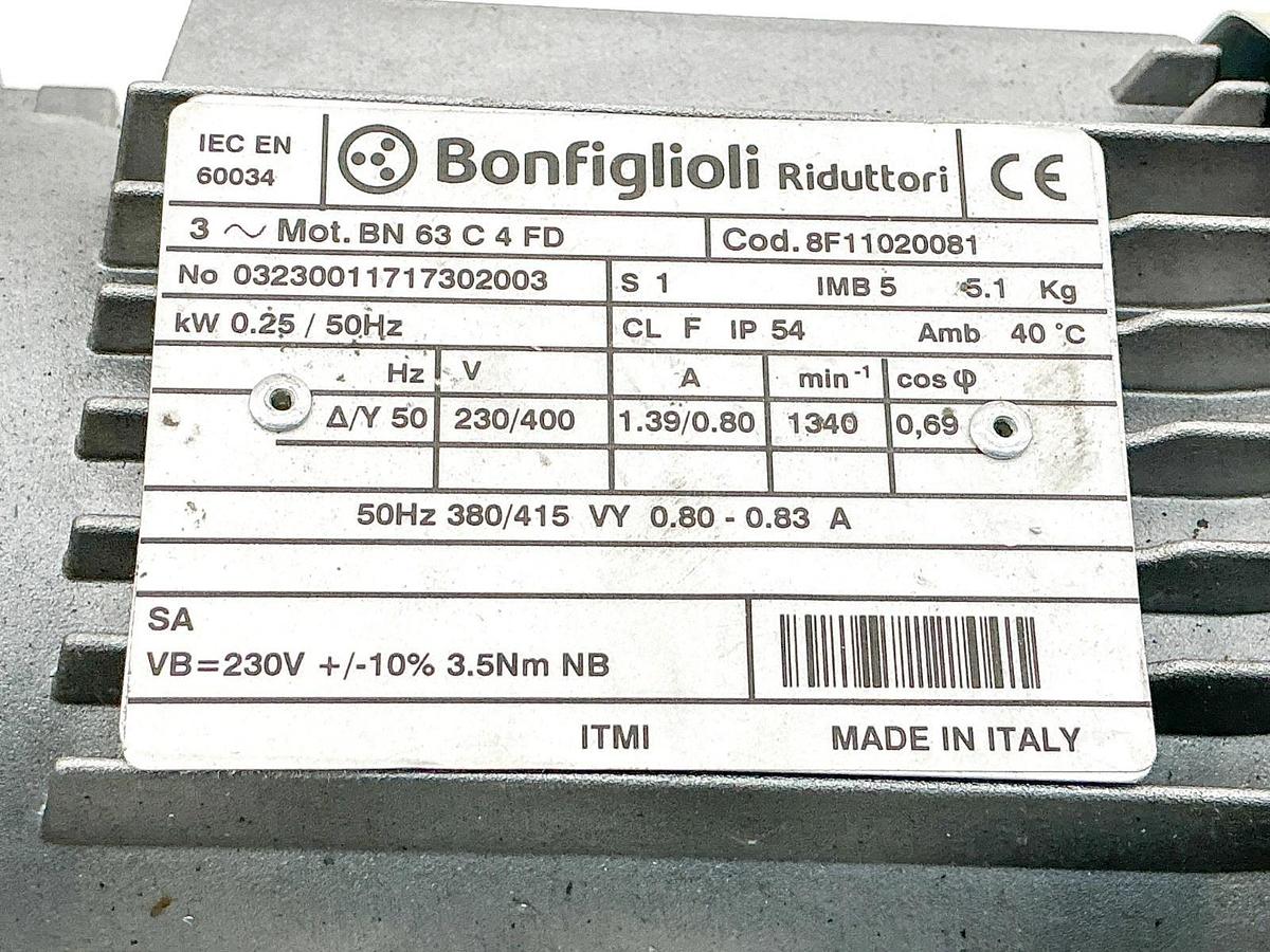 New Bonfiglioli 8F11020081 Electric Motor 3PH 0.25kW 400V BN-63-C-4-FD - No Box