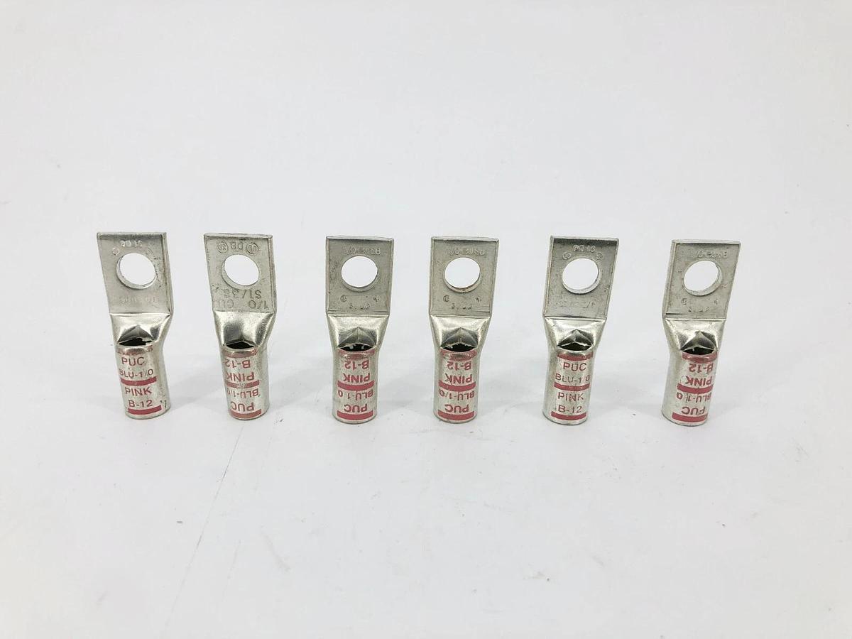 Lot of 6 New Penn-Union BLU-1/0 1-Hole Crimp Lugs Pink B-12