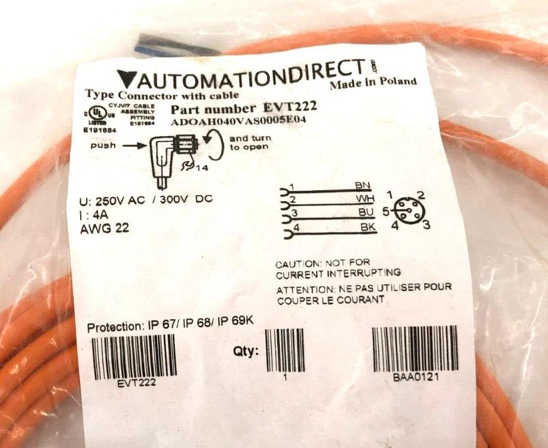 Lot of 2 New Automation Direct EVT222 Cables M12 Axial Female 4 Pole