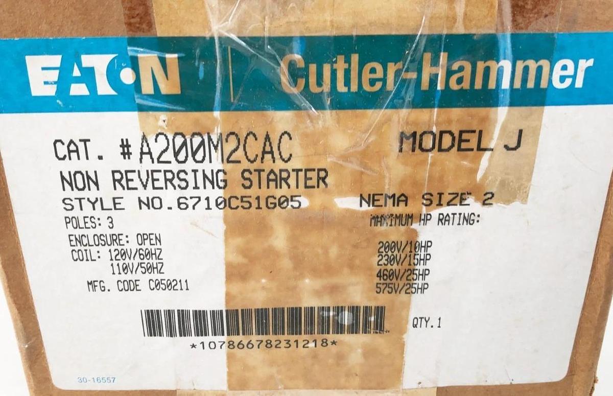 New Eaton A200M2CAC Non-Rev Starter 110/120V 3P NEMA 2 6710C51G05 Model J