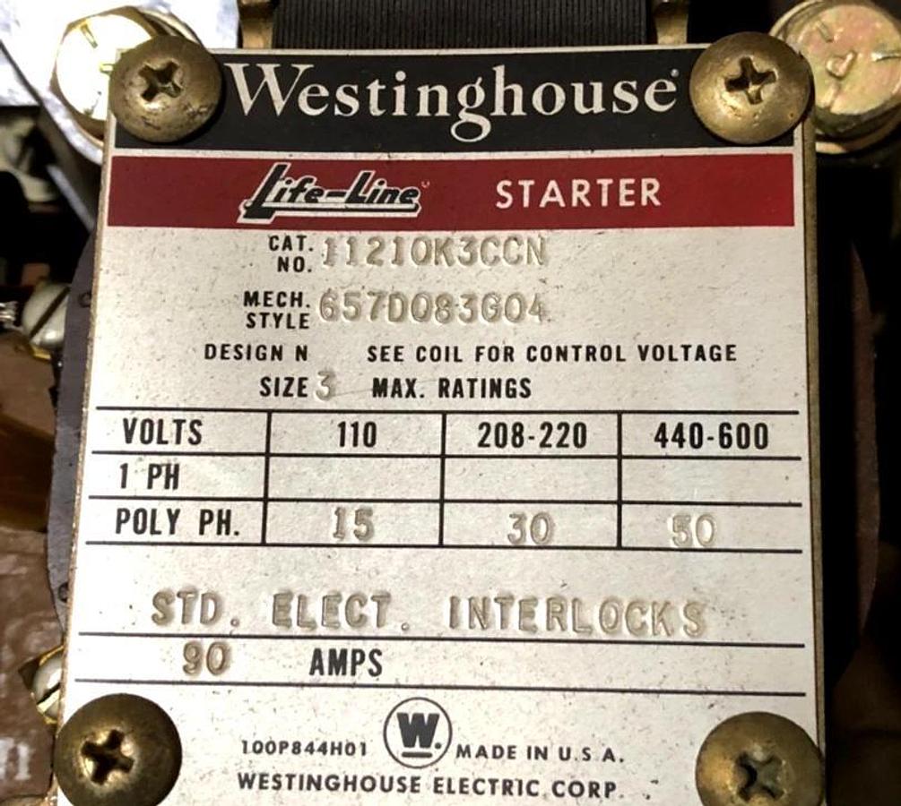Used Westinghouse 11210K3CCNA Life-Line Starter 50 HP 110V 90A Size 3 (As Is)