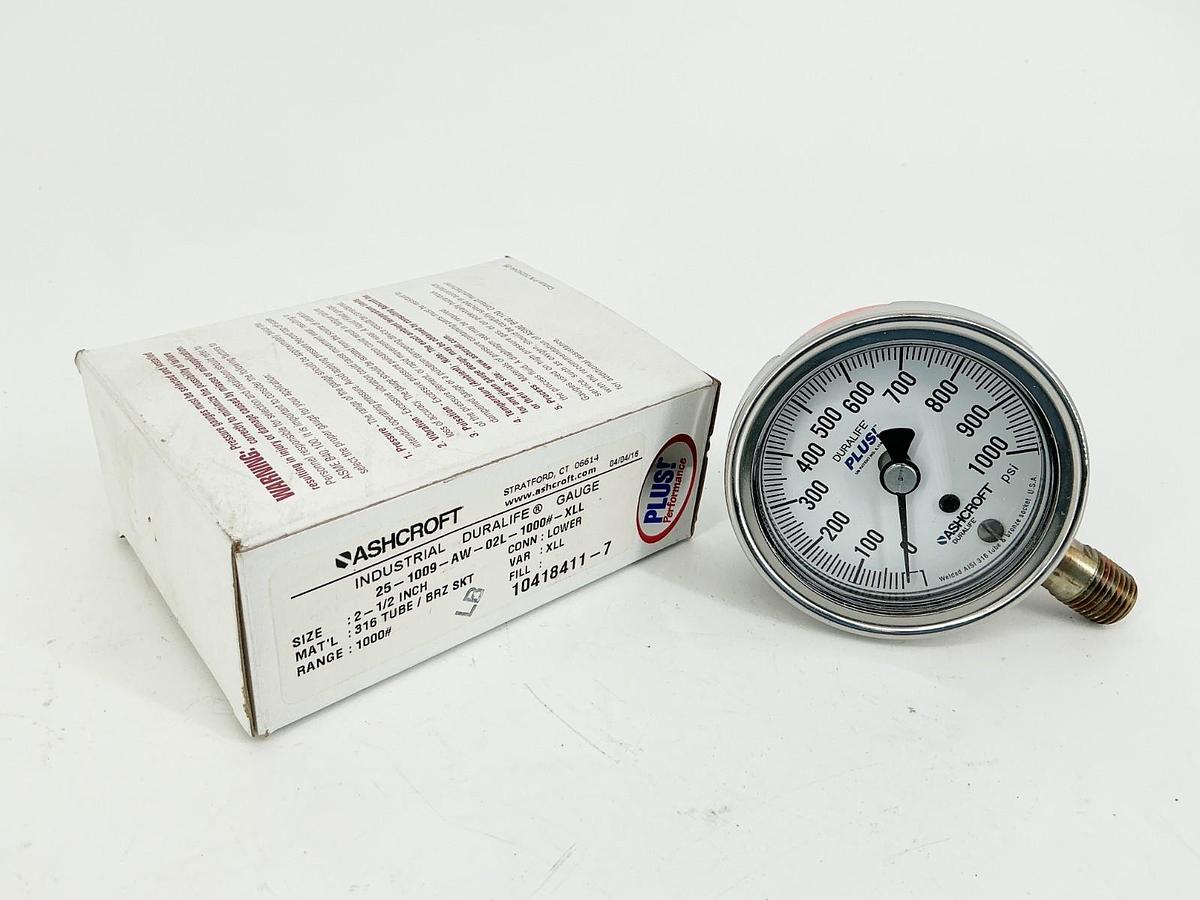 New Ashcroft 25-1009-AW-02L-1000#-XLL Pressure Gauge 2-1/2" 100PSI 316 Tube
