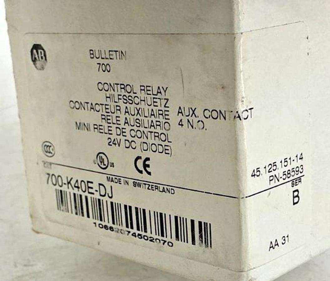 New Allen Bradley 700-K40E-DJ Ser B Control Relay 4NO 10A 24V 700-K40E-*