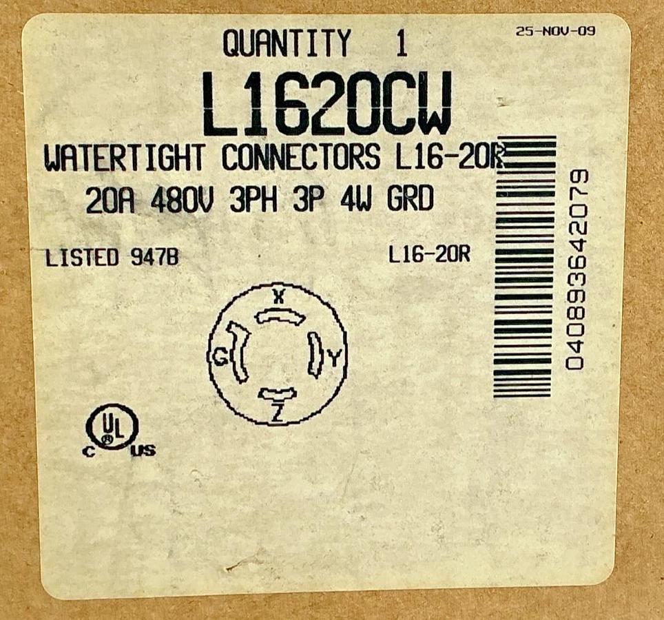 New Cooper L1620CW Watertight Connectors 20A 480V 3Ph 3P 4W GRD L16-20R