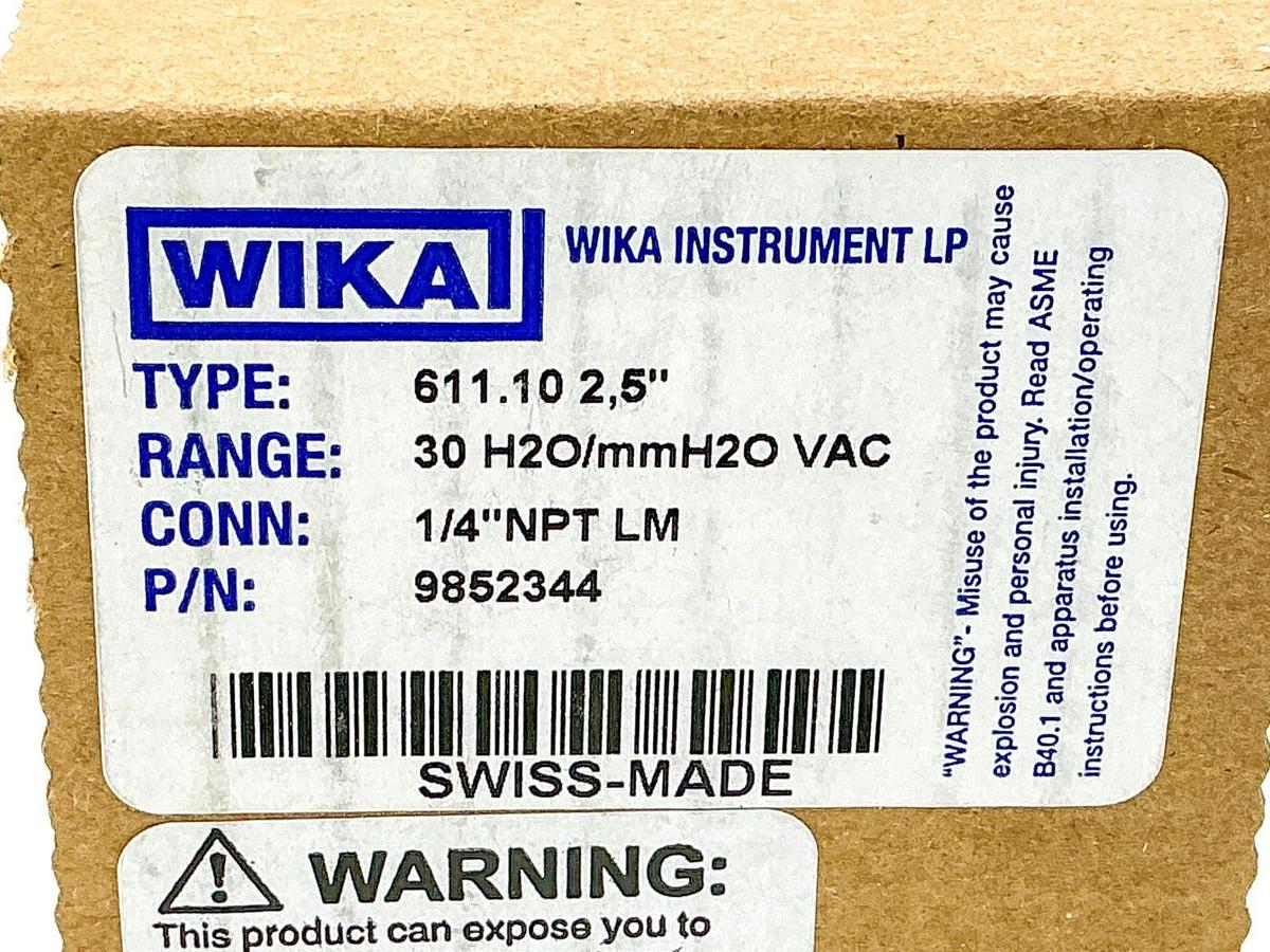 New Wika 9852344 Pressure Gauge -30-0" H20 1/4"NPT 2.5" Face 611.10 2,5"