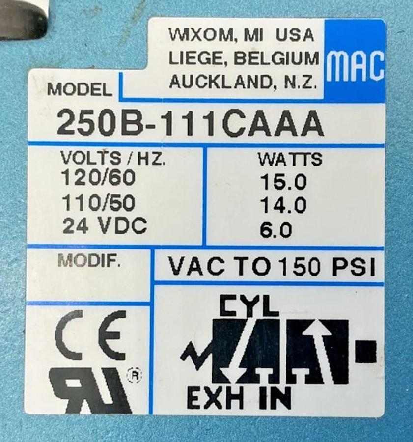 New MAC Valves 250B-111CAAA Solenoid Valve 15W 150PSI 24VDC 110/120V - No Box