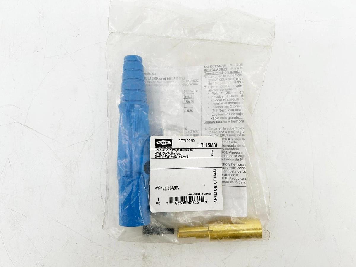 New Hubbell HBL15MBL Connector Single Pole Series 15 Male Plug Blue up to 150 Am
