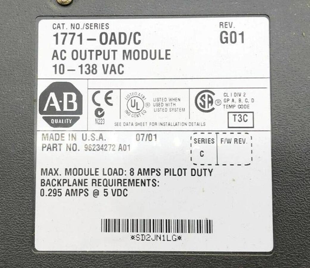 Used Lot of 2 Allen Bradley 1771-OAD Ser. D AC Output Modules 10-138VAC