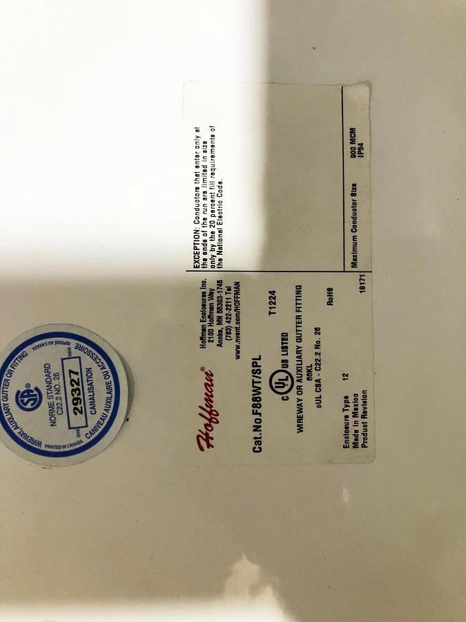 New Hoffman Nvent F88WT Tee-Feed Through 8" x 8" White Painted Steel T1224