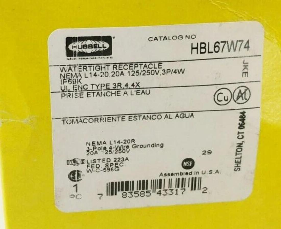 New Hubbell HBL67W74 Watertight Locking Receptacle 20A 3P 4W 125/250VAC