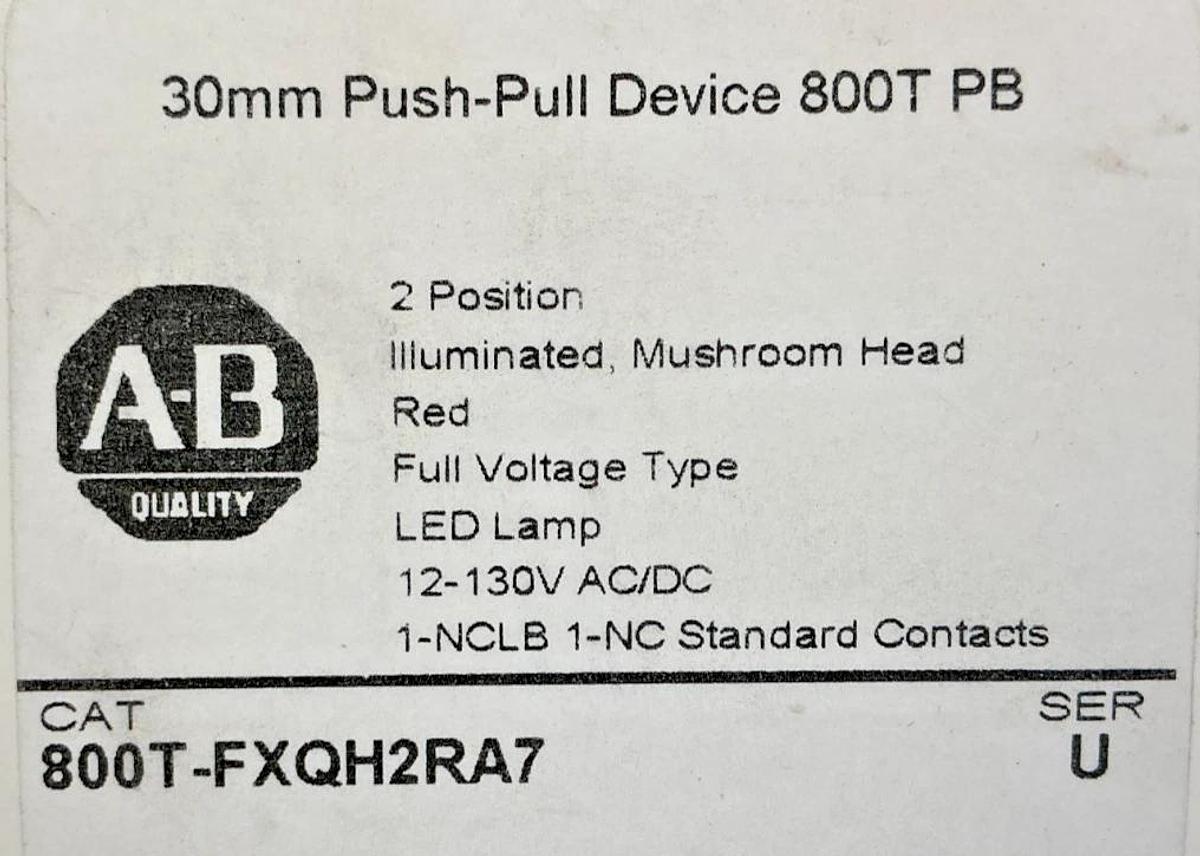 New Allen Bradley 800T-FXQH2RA7 Ser U Push-Pull Device 2Pos Red LED Lamp 12-130V