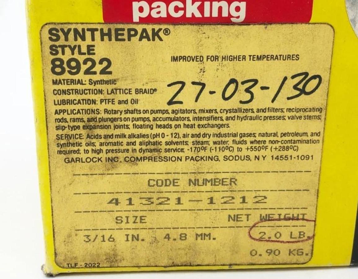 New Garlock 8922 Compression Packing 3/16" 41321-1212 1.625LB Partial Reel