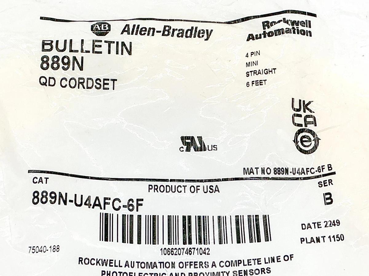 New Allen Bradley 889N-U4AFC-6F QD Cordset 4Pin Mini Straight 6' Ser.B