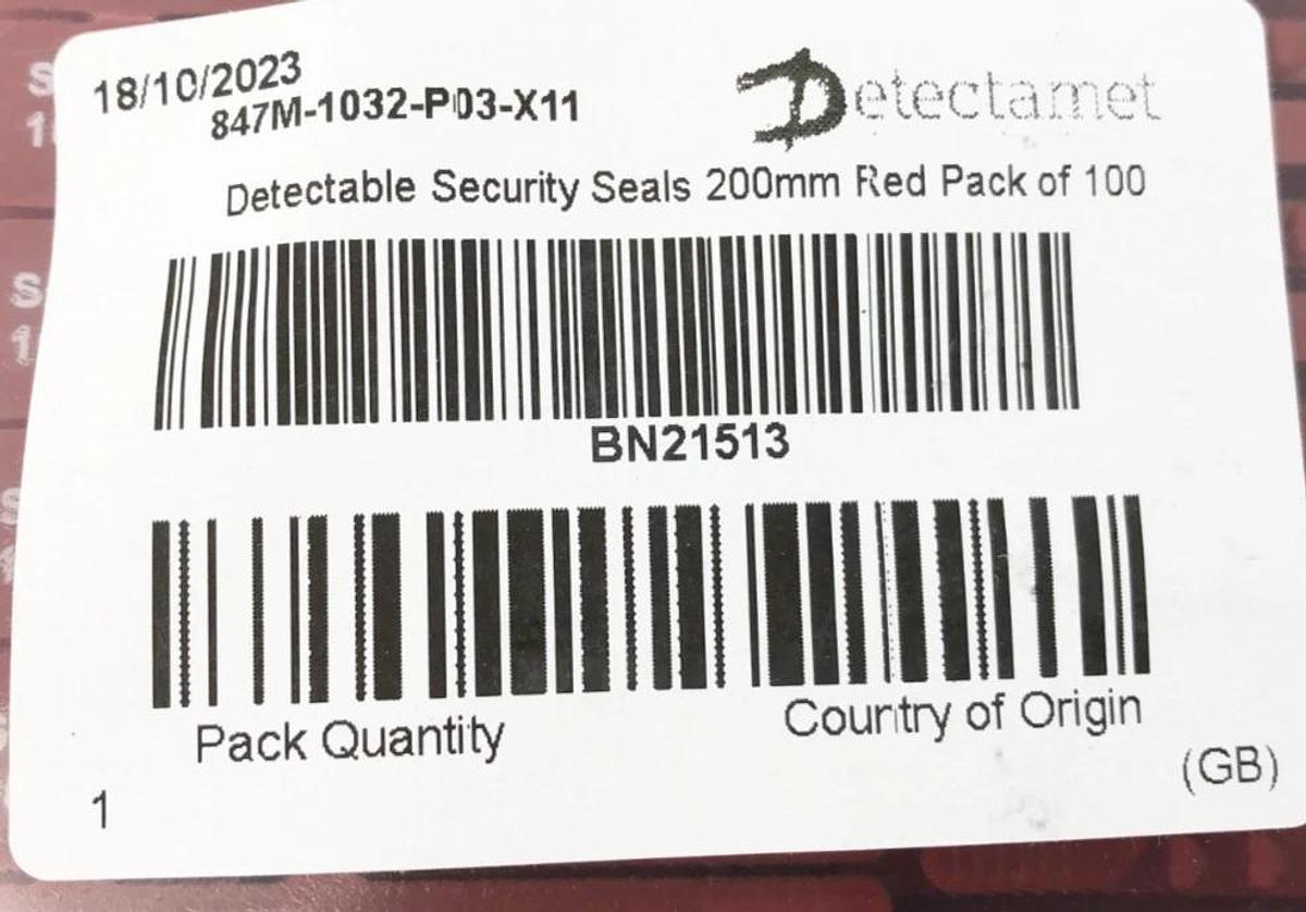 Bag of 100 New Detectamet 847M-1032-P03-X11 Red Security Seals 200mm