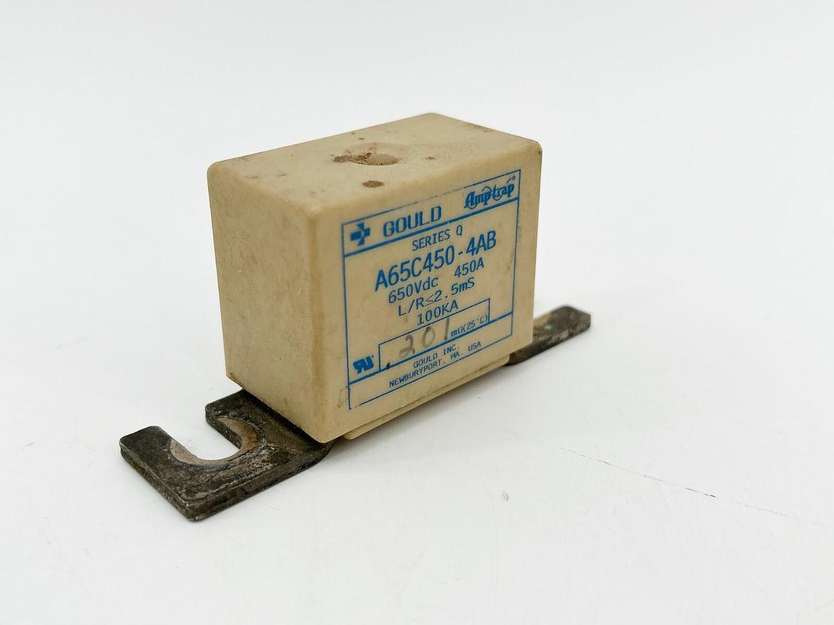 Used Gould A65C450-4AB Fuse 450A 650VDC 100KA Interrupt Rating 2,5MS Response Time