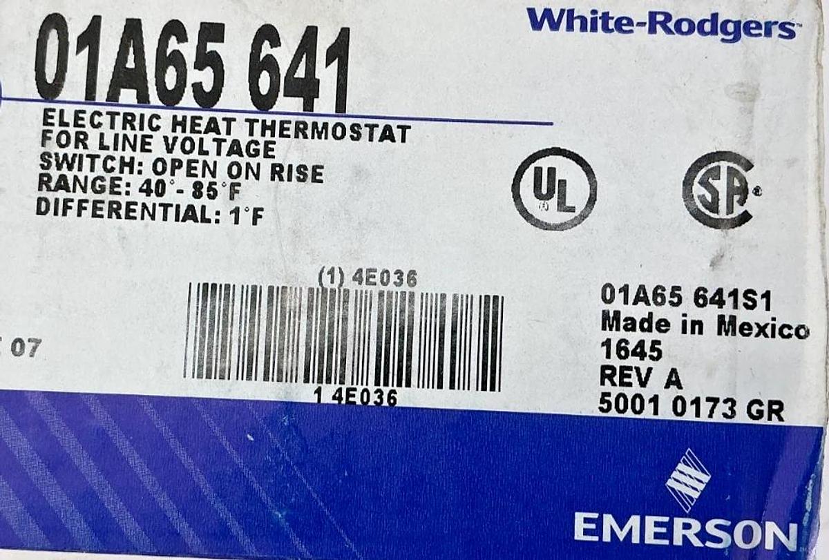 New White-Rogers Emerson 01A65-641 Electric Heat Thermostat Line Voltage 40-85F