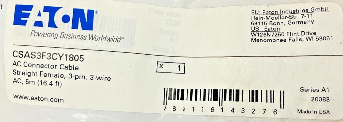 New Eaton CSAS3F3CY1805 Ser A1 AC Connector Cable Female 3-Pin 3-Wire 5m/16.4ft