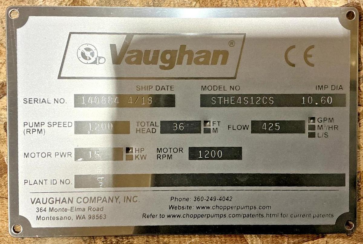 New Vaughan STHE4S12CS Horizontal Chopper Pump Imp. Dia. 10.6 1200RPM