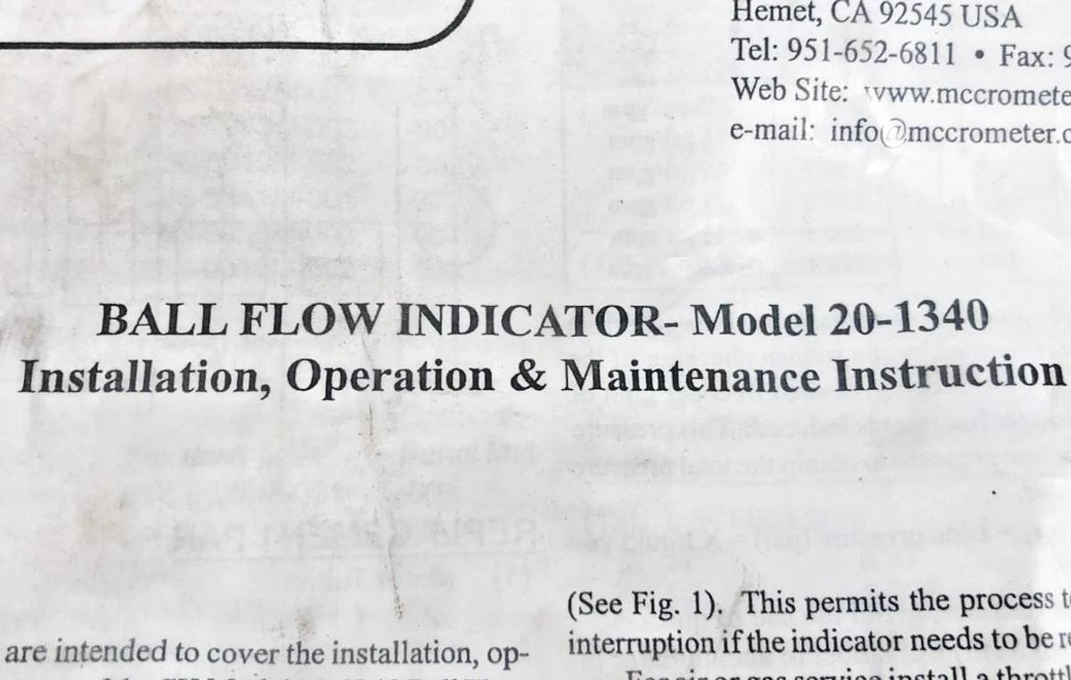 New McCrometer 20-1340 Ball Flow Indicator 1-/2" B-Flo 72S0367M0030