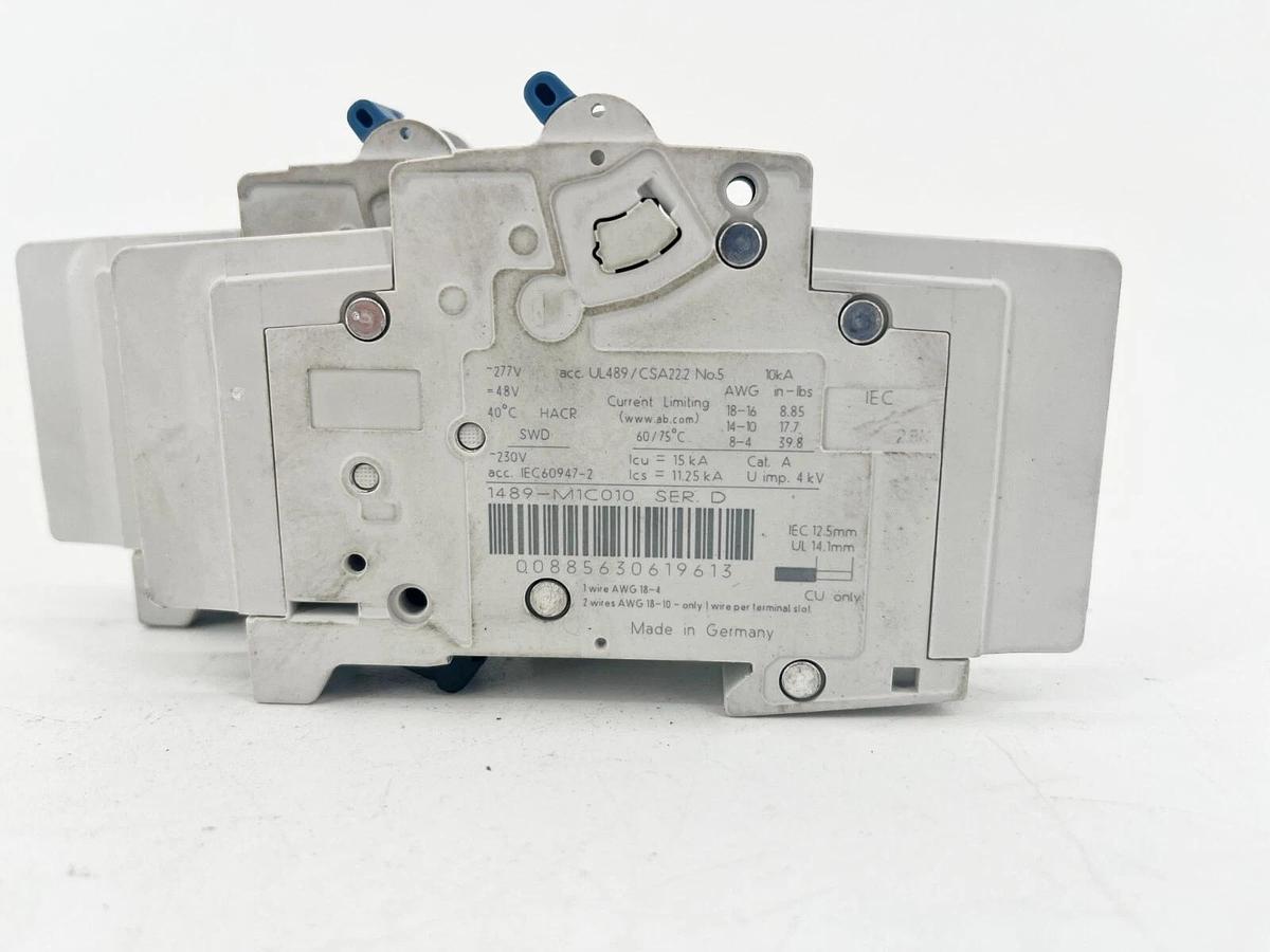 Used Lot of 2 Allen Bradley 1489-M1C010 Ser. D Miniature Circuit Breakers 1A 240V 1P