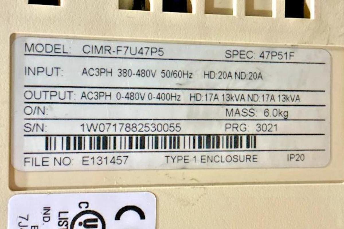 Used Yaskawa CIMR-F7U47P5 AC Inverter Drive 3PH 17A 480VAC FOR PARTS ONLY