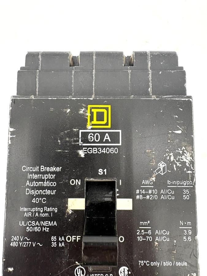 Used Square D EGB34060 Circuit Breaker 60A 480Y/277V 3-Pole