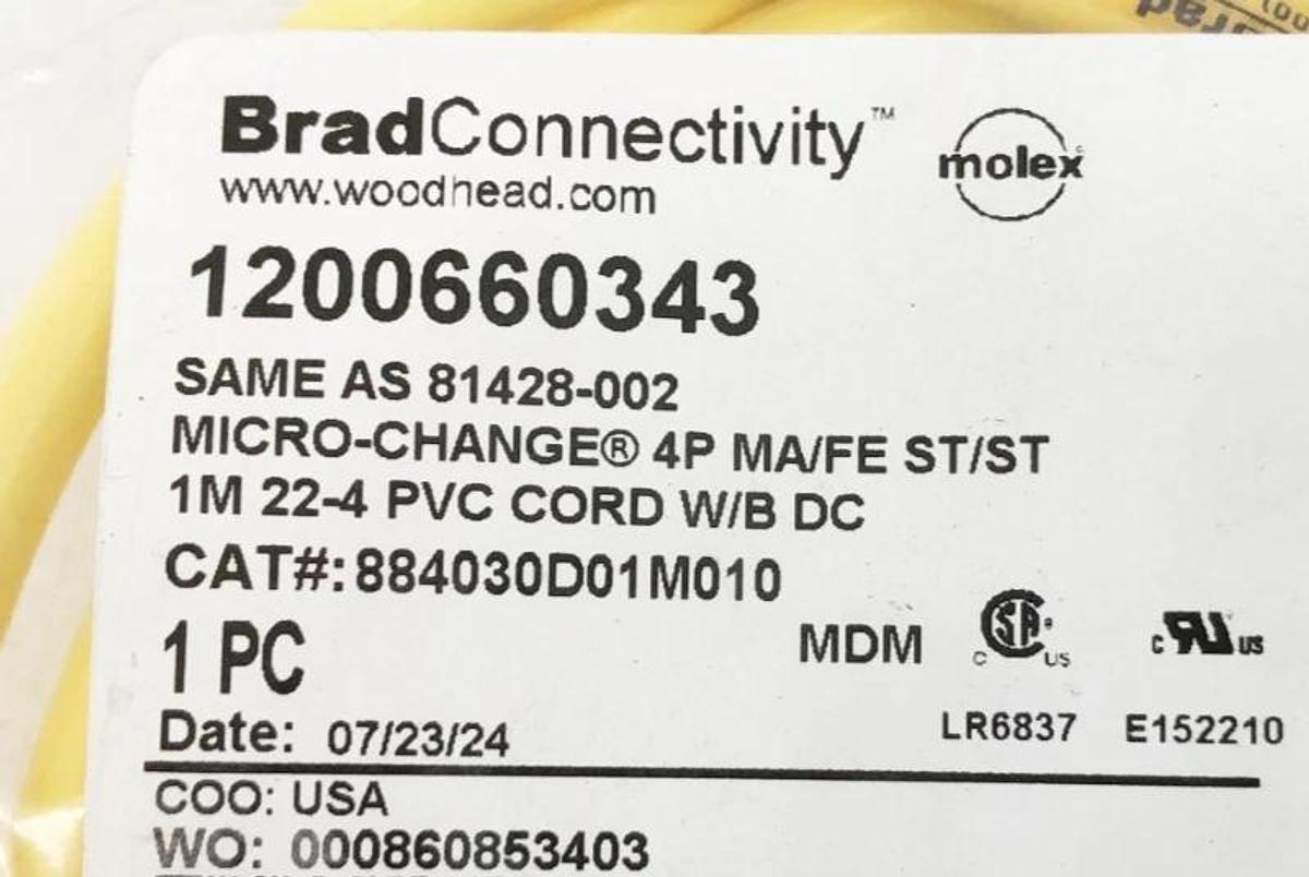 New Brad Connectivity 1200660343 Cable 4P MA/FE ST/ST 1m 884030D01M010