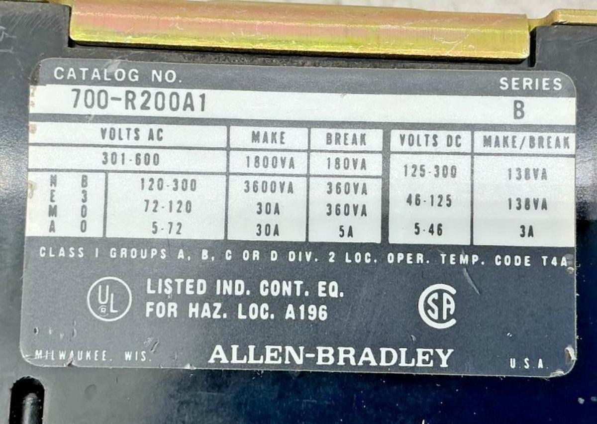 Used Allen Bradley 700-R200A1 Ser B Electrically Held Relay 110/120V 50/60HZ