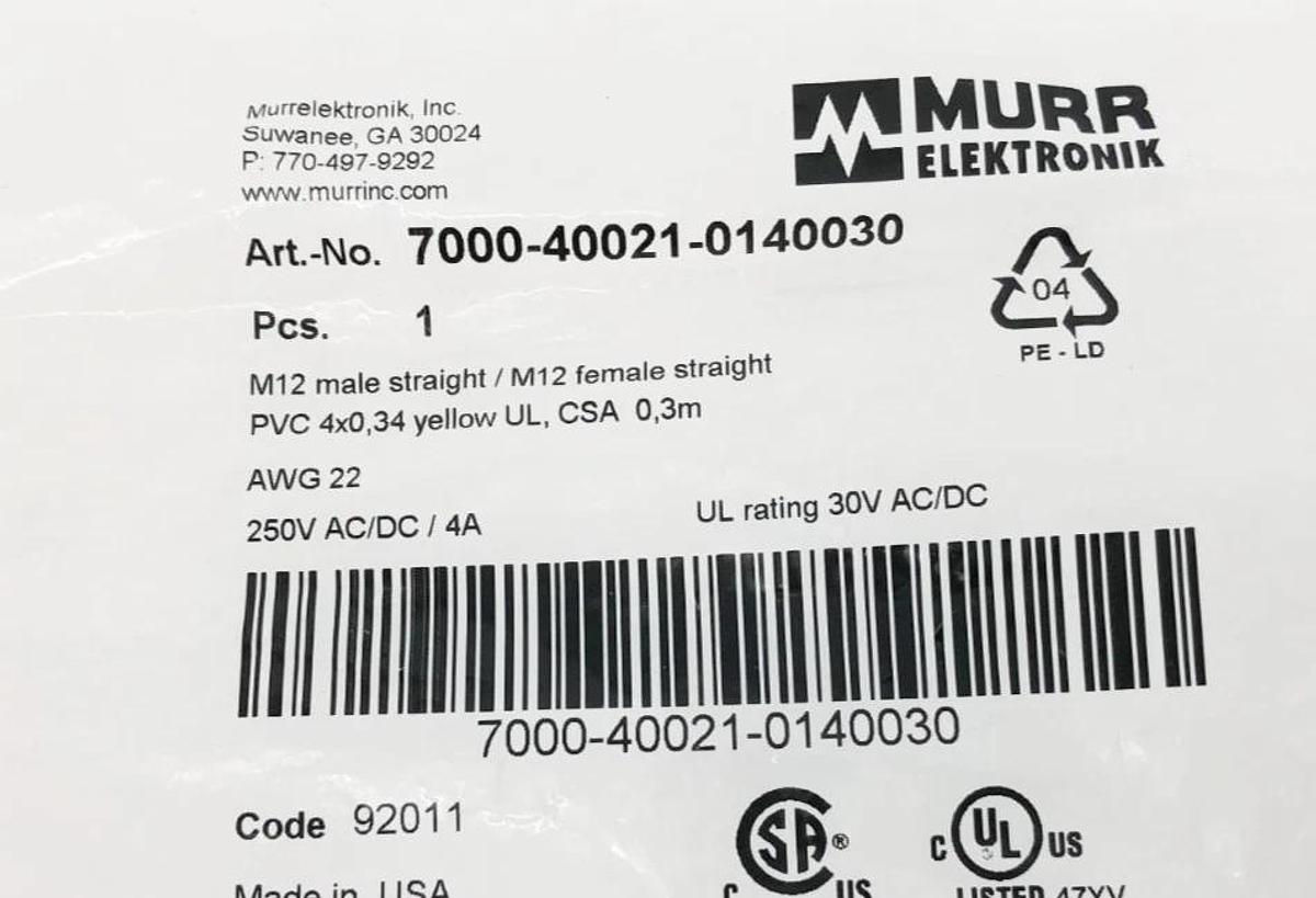 Lot of 3 New Murr Elektronik 7000-40021-0140030 Cordset Straight M12 22AWG 4A