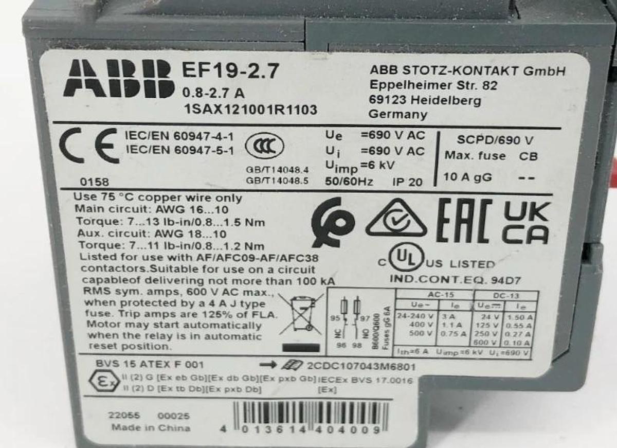 New ABB EF19-2.7 Overload Relay 0.8-2.7A 1SAX121001R1103 - No Box