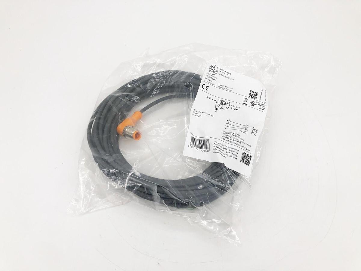 New IFM Efector EVC081 Male Cordset M12 4A 250AC/300DC 10m Length