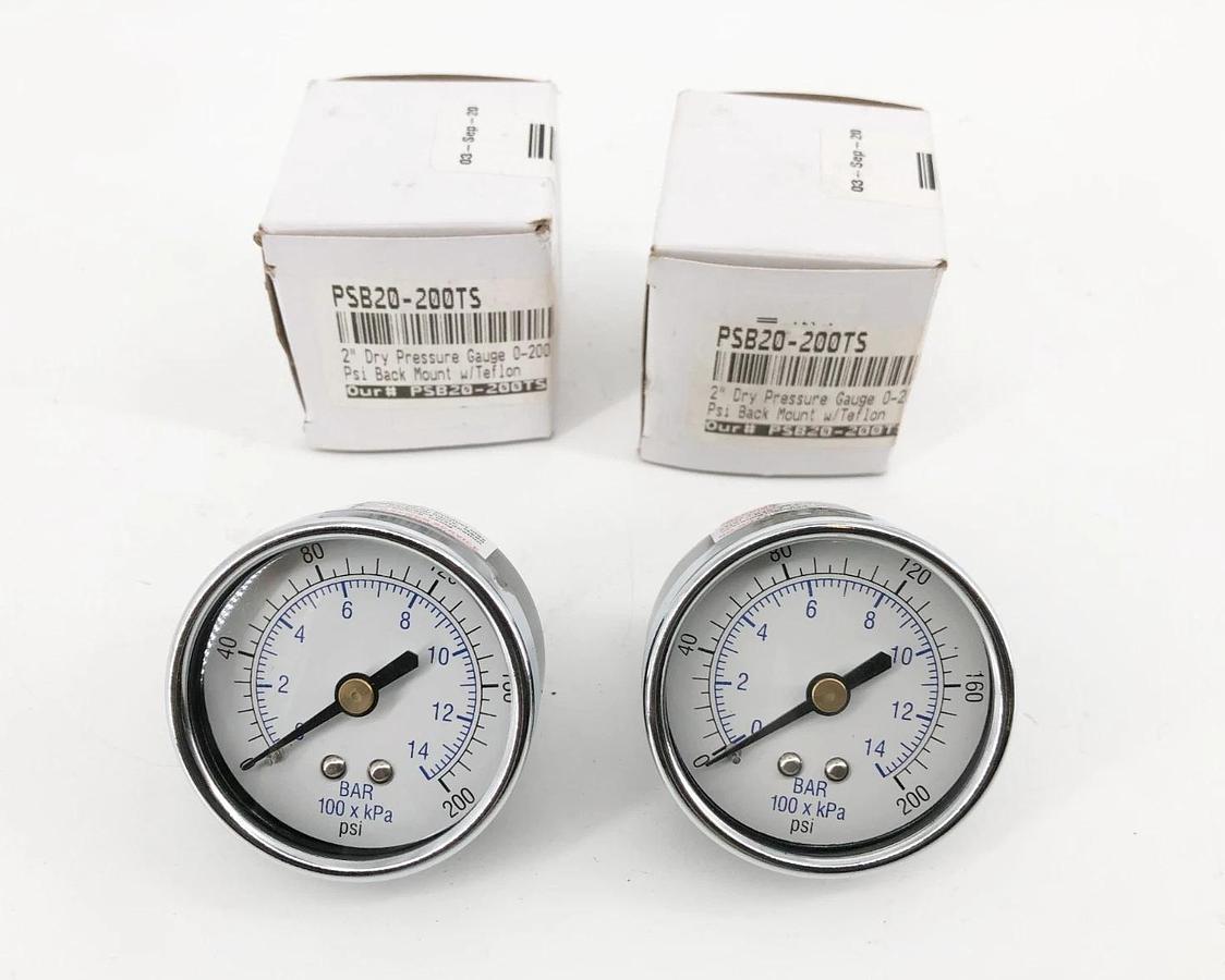 Lot of 2 New PSB20-200TS Dry Pressure Gauges 2" 0-200psi Back Mount w/ Teflon