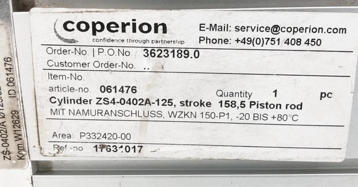 New Coperion ZS-0402A-125 Cylinder ø125/32 - 158.5 WZKN 150 P1 4-8 Bar - No Box