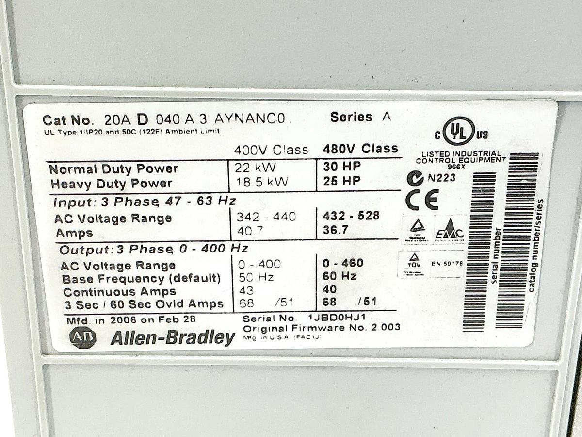 New Allen Bradley 20AD040A3AYNANC0 Powerflex AC Drive 480V 30HP 3PH 22kW Ser.A
