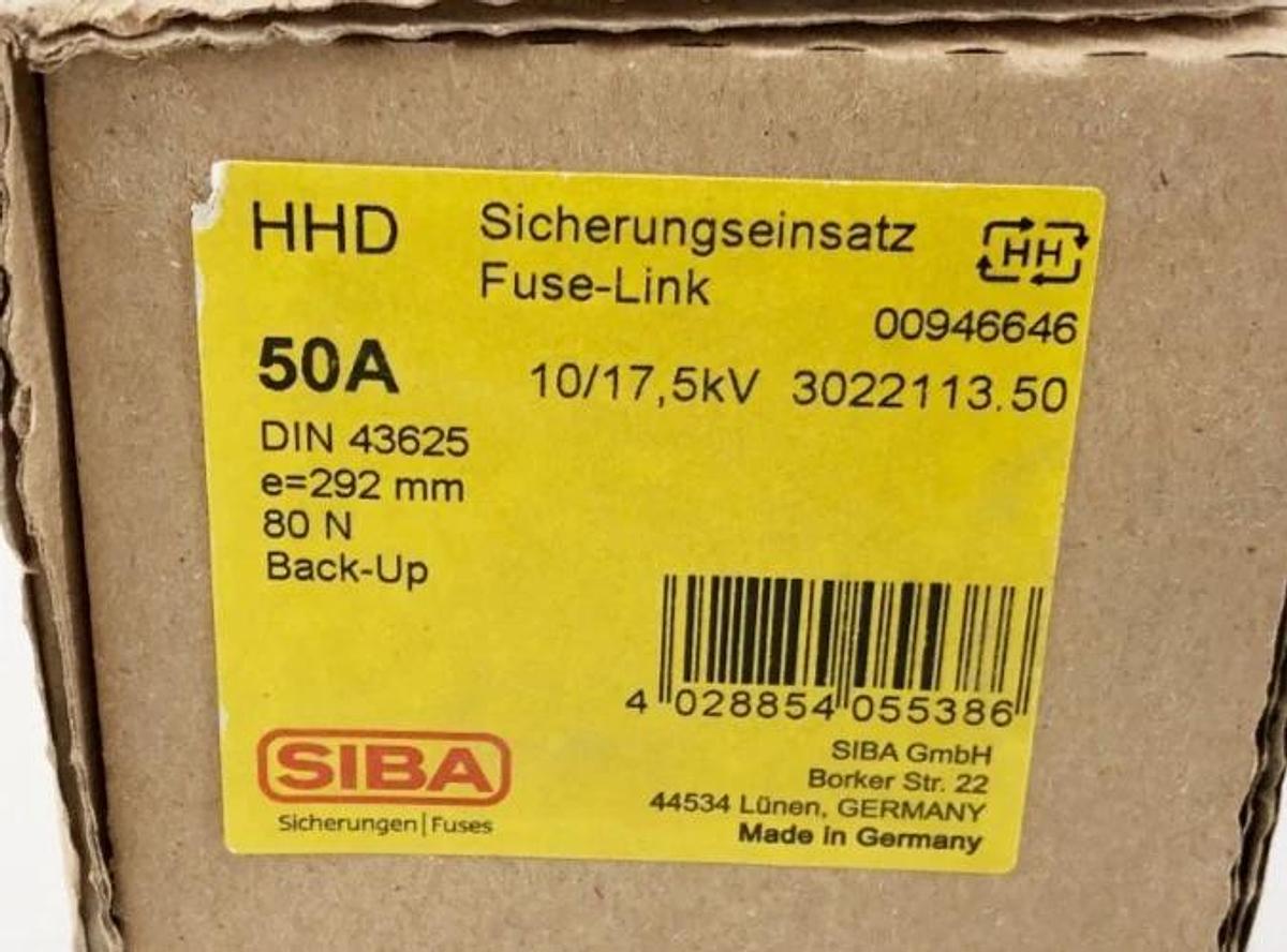 New SIBA 3022113.50 Fuse-Link HHD 50A 10/17,5kV DIN 43625 e=292mm 80 N Back-Up