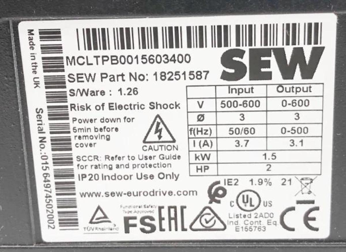 New SEW Eurodrive MCLTPB0015603400 Frequency Inverter 1.5KW 500-600VAC - No Box