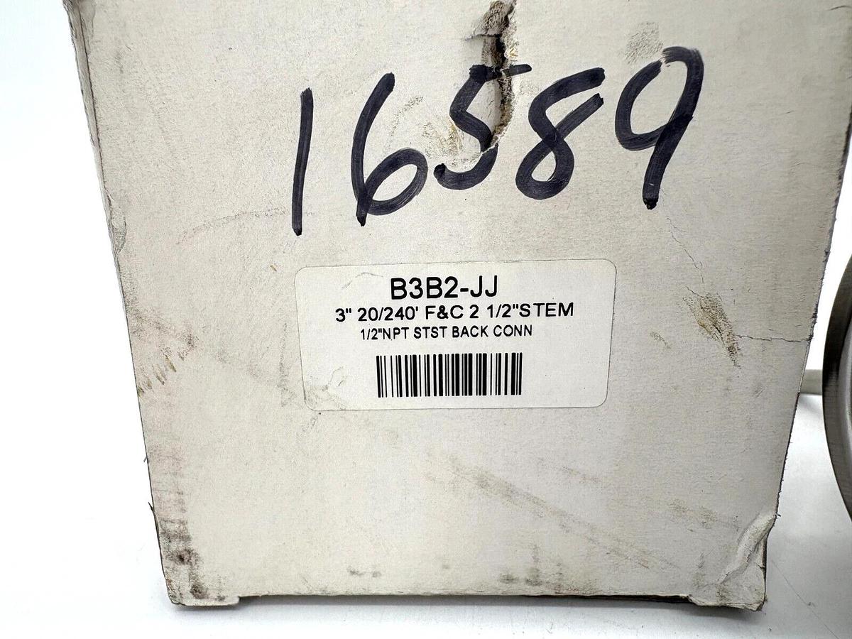 New B3B2-JJ 3" Bimetal Thermometer 20-240°F 2-1/2" Stem 1/2" NPT SS Back Conn.